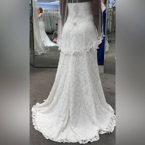 David's Bridal Beaded Lace Sheath Wedding Gown w/Embroidery Waist - Picture 2 of 11